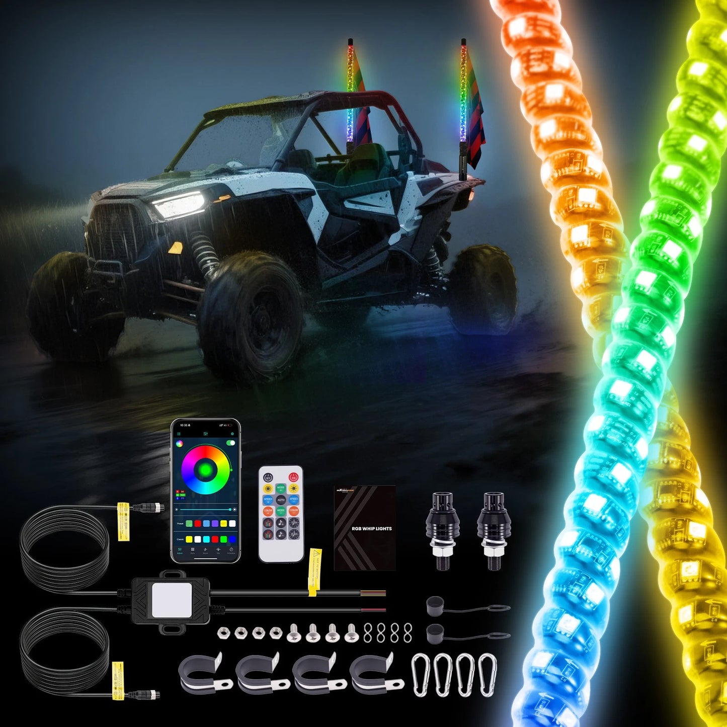 2x 2FT Spiral LED Fat Whip Light Antenna RGB Chasing for Can-Am X3 RZR (2017–2024)