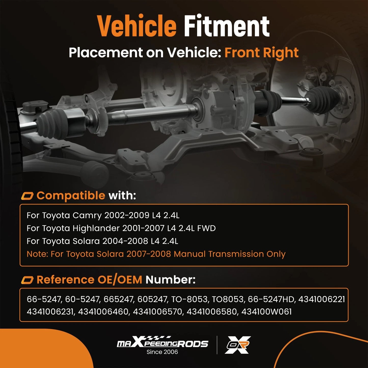 Front CV Axle Shaft Assembly RH Passenger Side for Toyota Camry Solara Highlander (2001–2007)