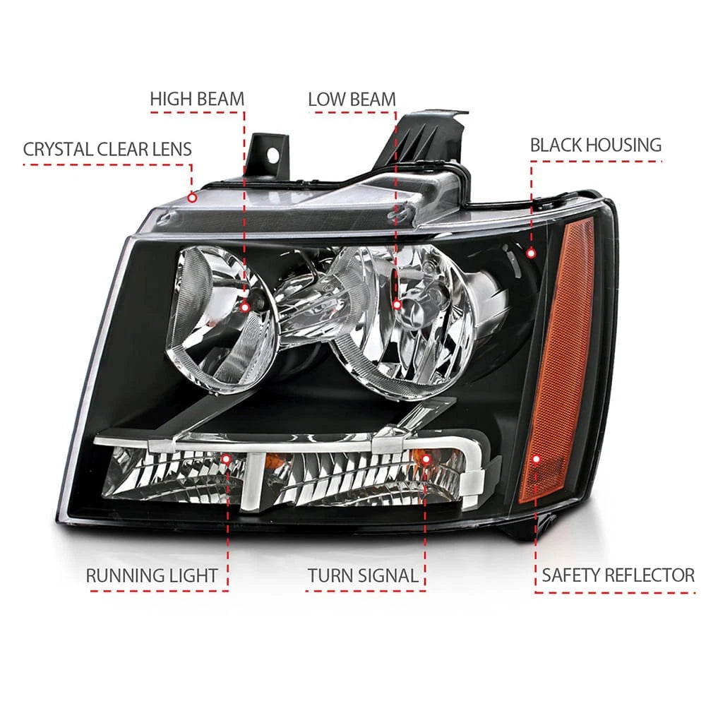 Crystal Headlight Set Black Clear Lens for 2007–2014 Chevrolet Tahoe