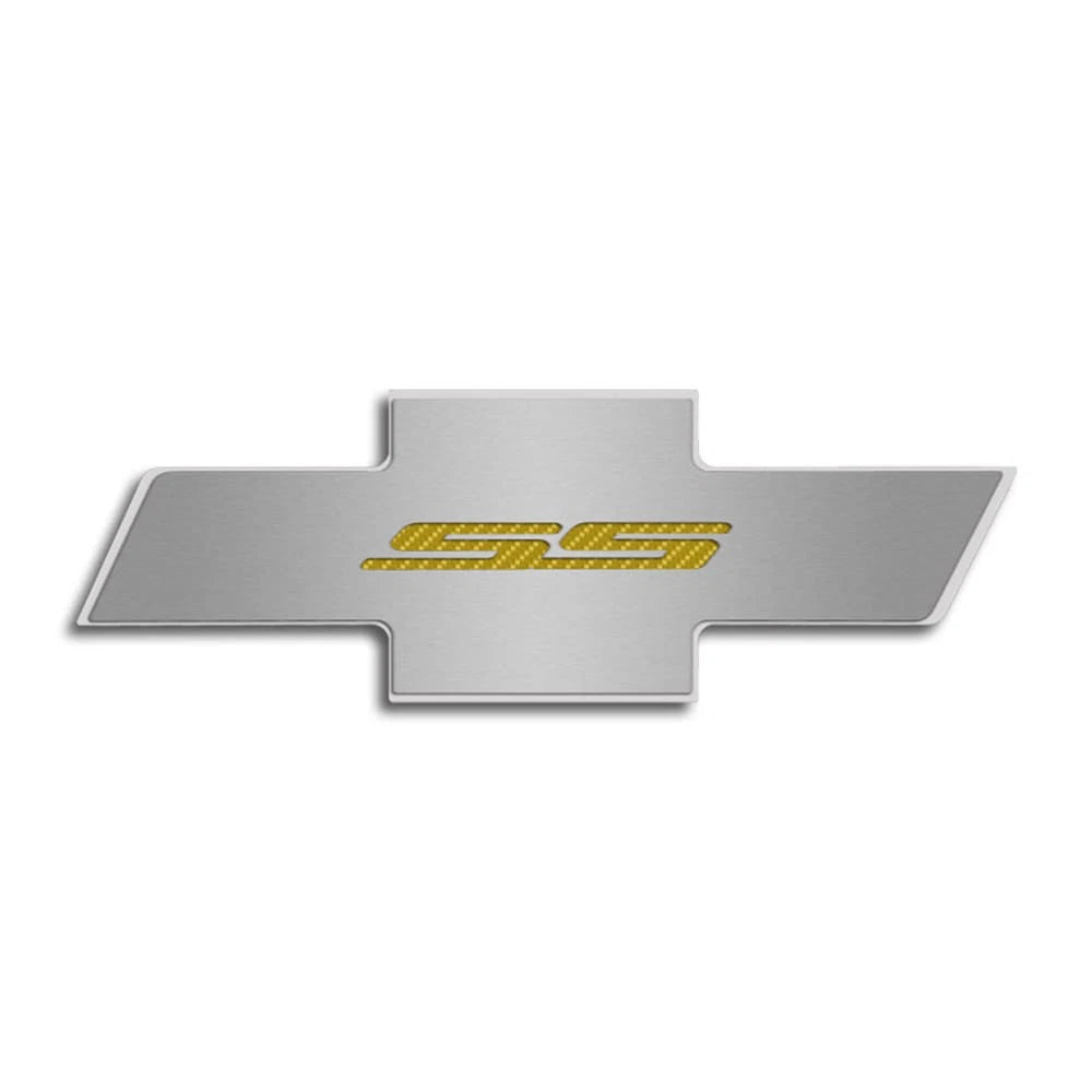 Hood Badge w/Yellow Carbon Fiber 'SS' Inlay for 10-15 Chevy Camaro fits OEM Pad