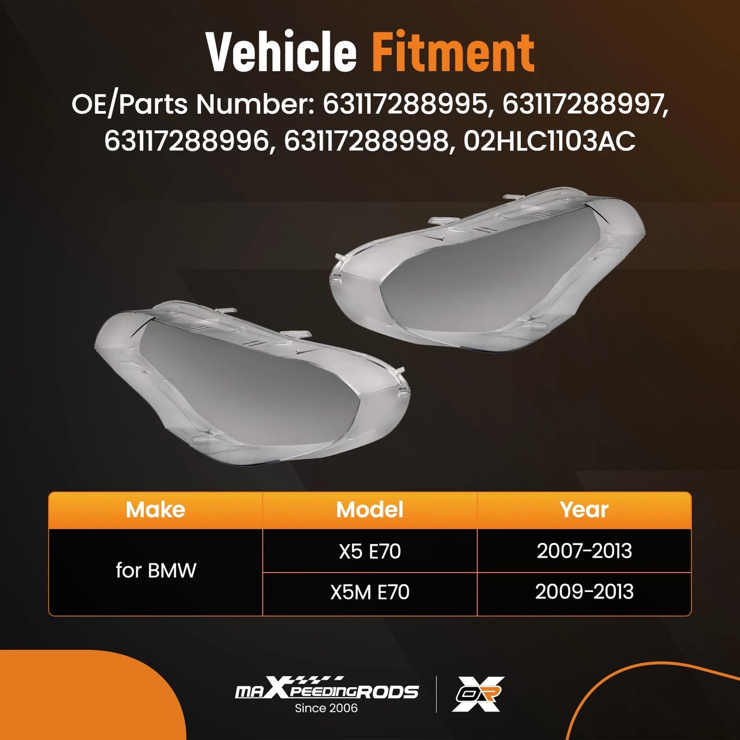 Front Headlamp Lens Covers Pair for BMW X5 E70 X5M (2007–2013)