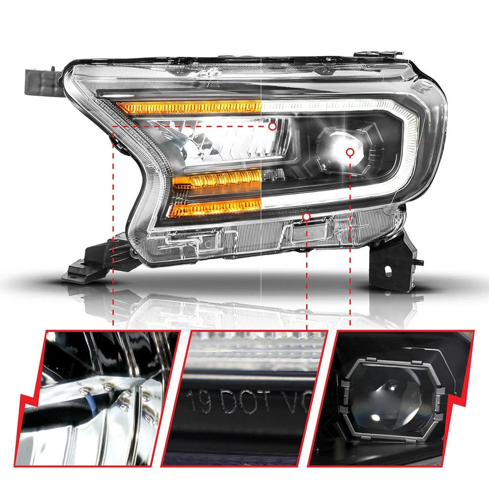 LED Headlights Chrome Clear Lens Sequential Replacement for Ford Ranger (2019–2023)