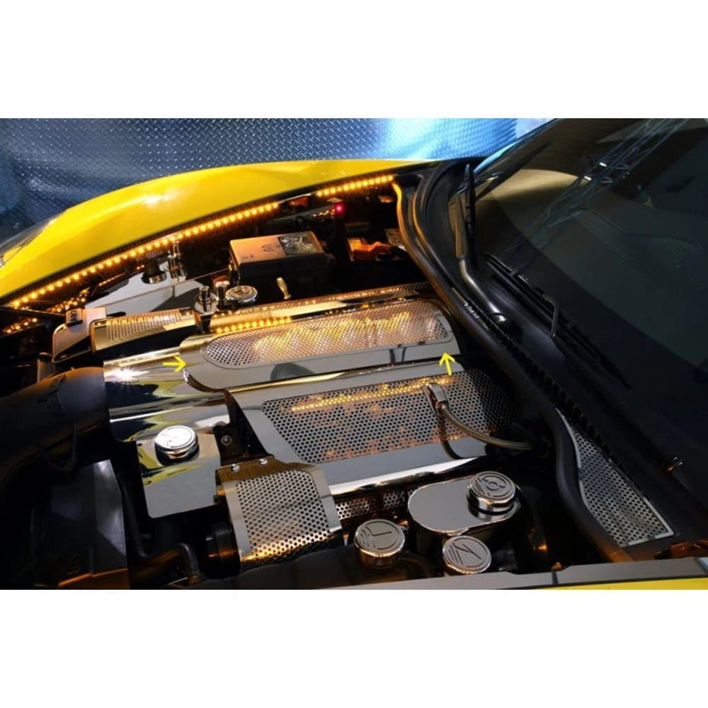 Perforated Stainless Low Profile Plenum Cover w/Blue LED for 2008-13 Corvette GS