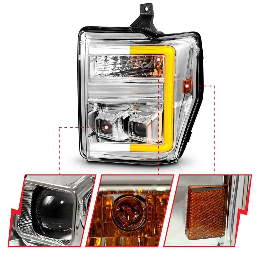 Chrome Clear Lens Headlights w Switchback Left Right for Ford F-250 (2008–2010)