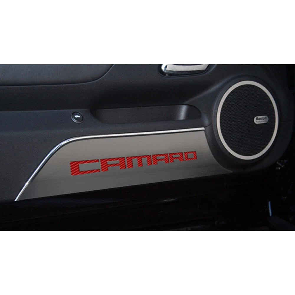 Door Panel Kick Plates w/Yellow Carbon Fiber 'Camaro' Inlay for 2010-2015 Camaro