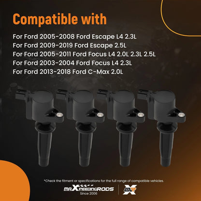 4PCS Ignition Coils Kit for Ford Escape Focus Transit 2.0L 2.3L 2.5L (2012–2019)
