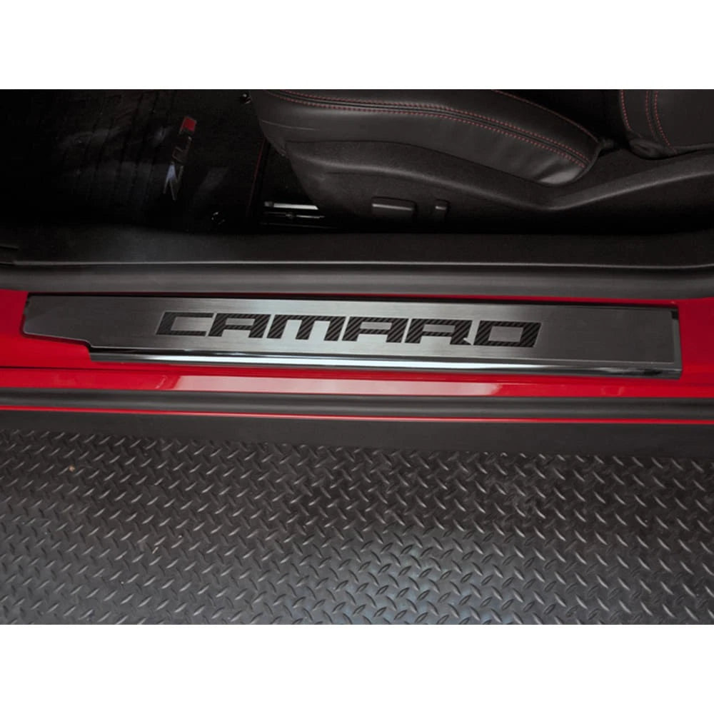 Door Sill Trim Kit w/Yellow Carbon Fiber Vinyl "Camaro" Logo for 2010-15 Camaro