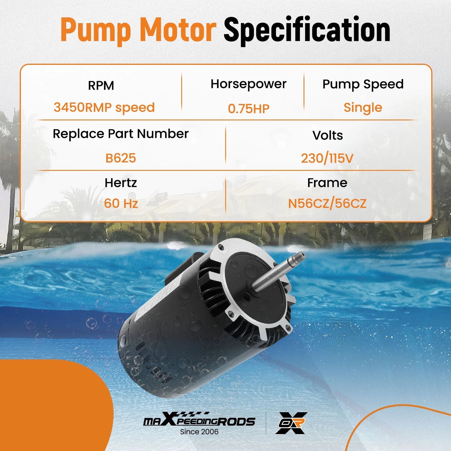 4/3 HP 3450 RPM Pool Pump Motor for Polaris PB4-60 (115–230V, 2000–2020)