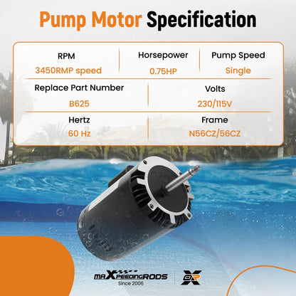 4/3 HP 3450 RPM Pool Pump Motor for Polaris PB4-60 (115–230V, 2000–2020)