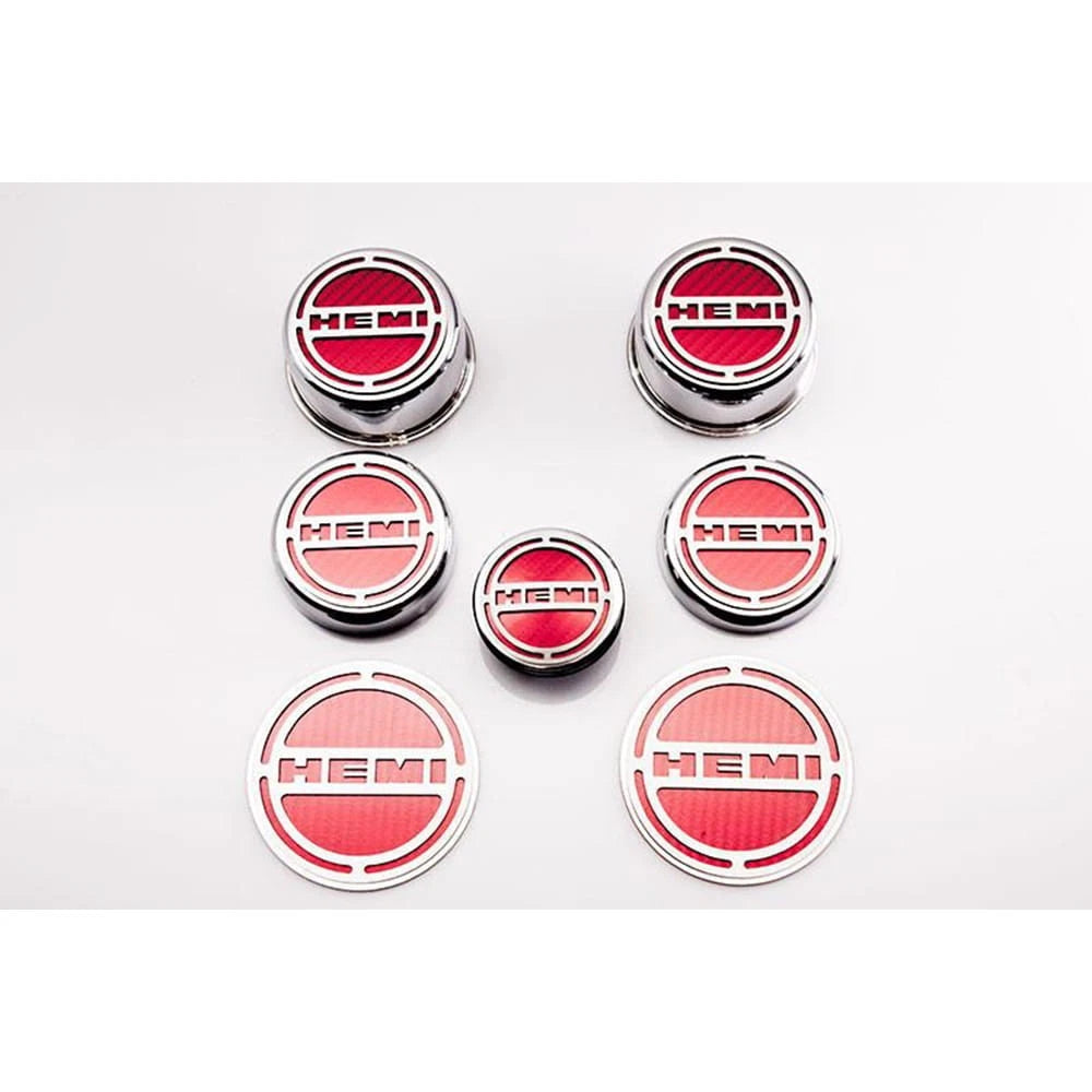 Chrome Cap Covers w/Sublime Green Vinyl 'HEMI' Inlay for 2008-19 Challenger 5.7L