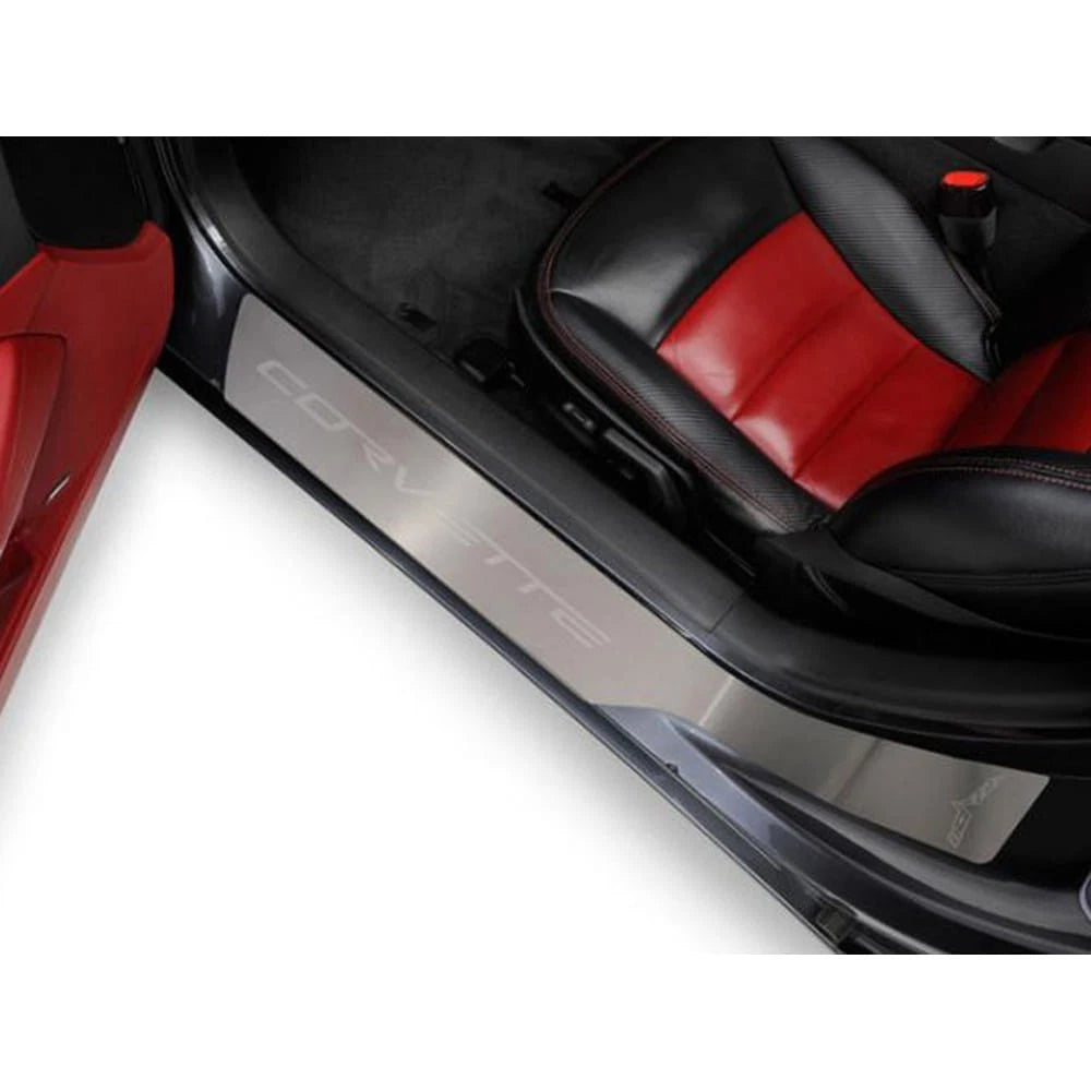 Brushed Stainless Door Sill Trim Kit w/Etched Emblem for 2005-13 Chevy Corvette