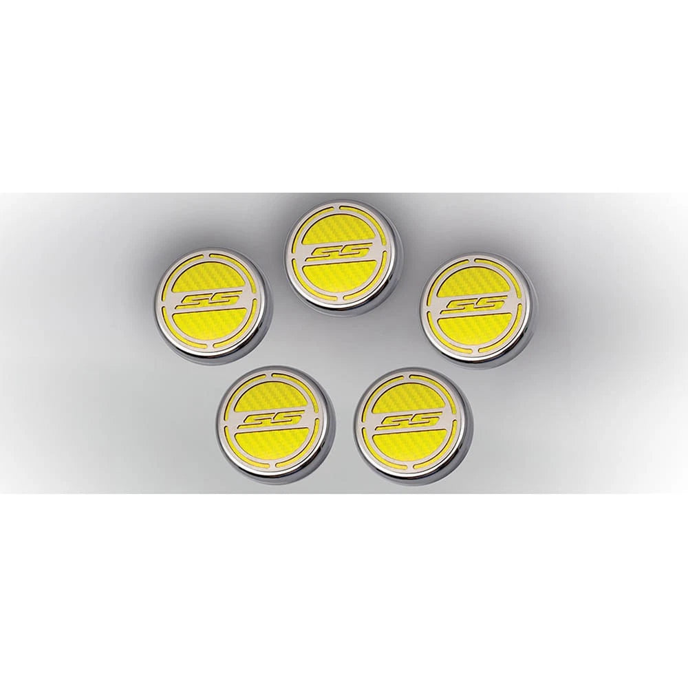 Chrome Cap Covers w/Yellow Carbon Fiber 'SS' Inlay for 10-15 Camaro V8 Automatic