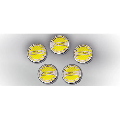 Chrome Cap Covers w/Yellow Carbon Fiber 'SS' Inlay for 10-15 Camaro V8 Automatic