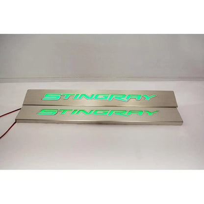 Brushed Replacement Door Sill Kit w/Green LED&Stingray Logo for 2014-19 Corvette