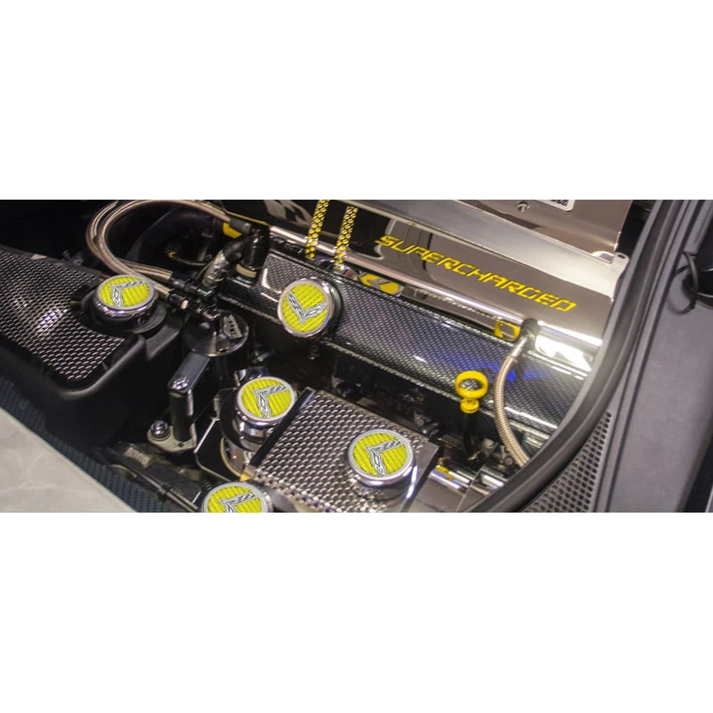 Chrome Stingray Cap Covers w Green CF Inlay for 2014-2019 Corvette Z06