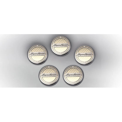 Chrome Cap Covers w/White CF Inlay&'Super Sport' for 2010-15 Camaro V8 Automatic