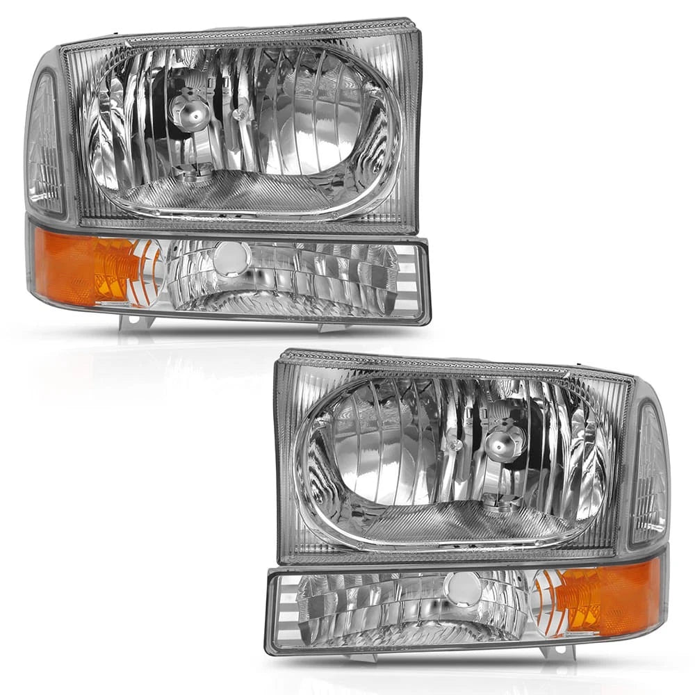 Chrome Clear Lens Headlight Set wAmber Reflector for 99-04 Ford F-250 Super Duty