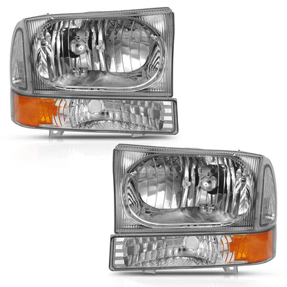 Chrome Clear Lens Headlight Set wAmber Reflector for 99-04 Ford F-250 Super Duty