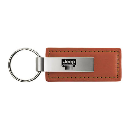 Grille Logo on Brown Leather Keychain - Officially Licensed for Jeep