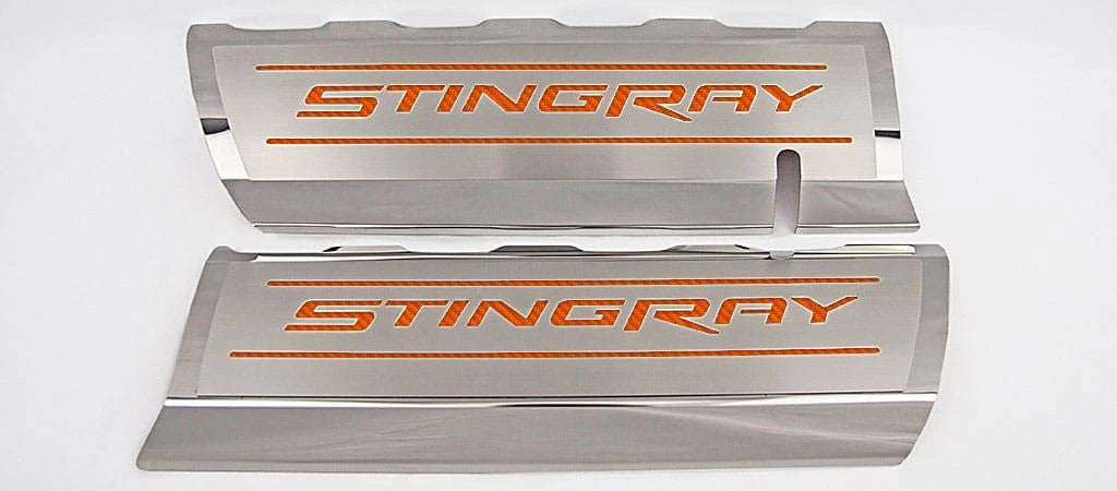Fuel Rail Covers w/Orange Carbon Fiber Vinyl "STINGRAY" Inlay for 14-19 Corvette