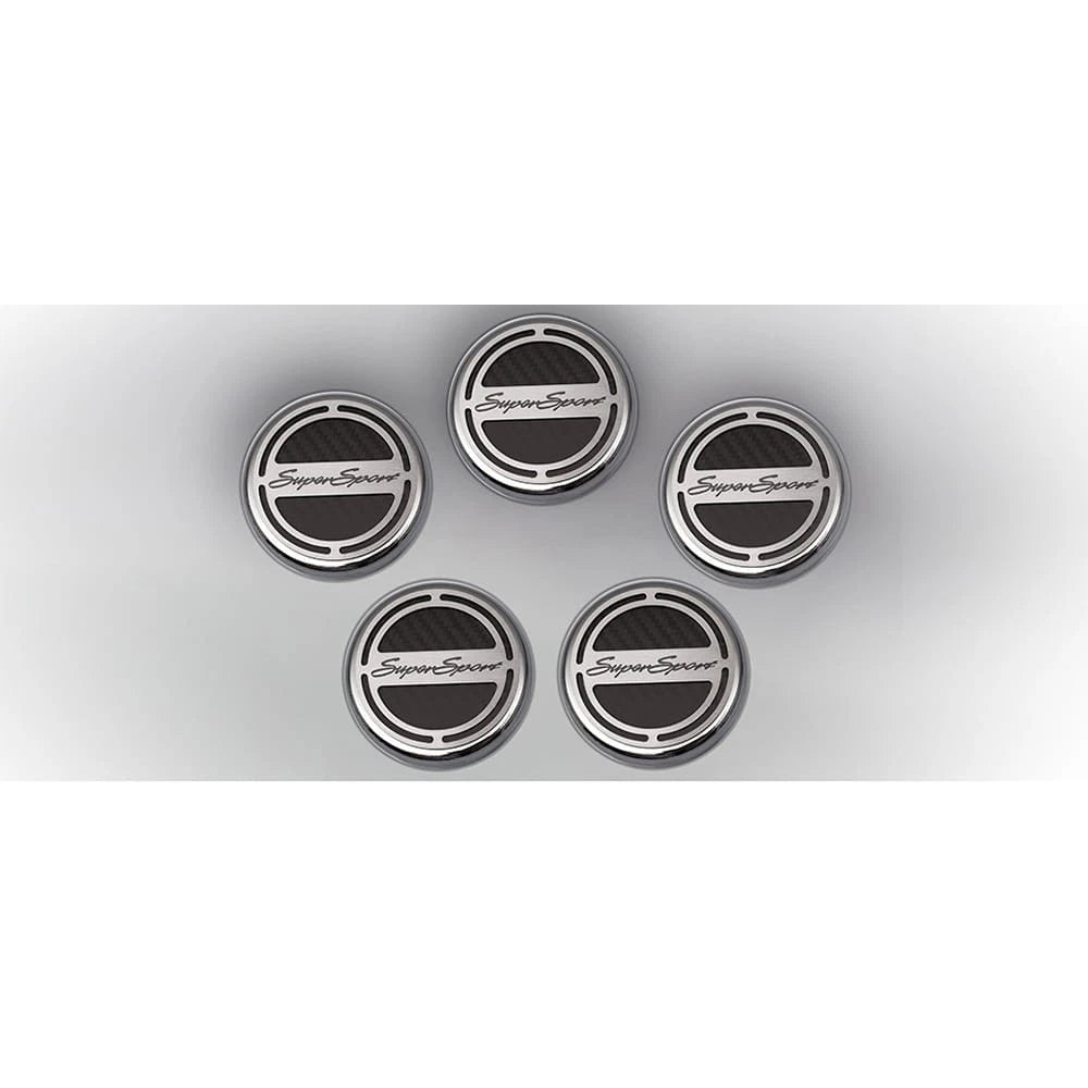 Chrome Cap Covers w/Black CF Inlay&'Super Sport' for 2010-15 Camaro V8 Automatic