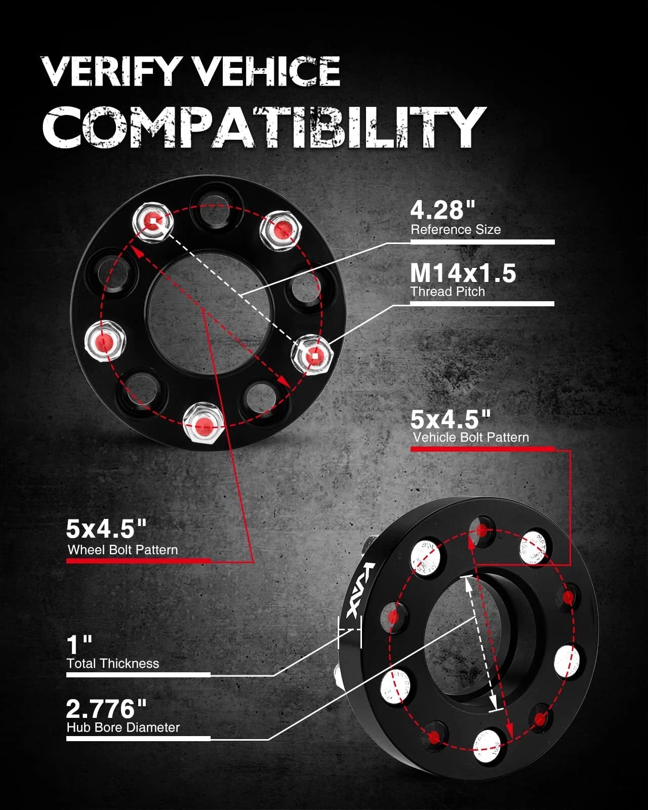 Hubcentric Wheel Spacers for Ford Mustang (2015–2023) 1 in 5x4.5 4x5x4.5