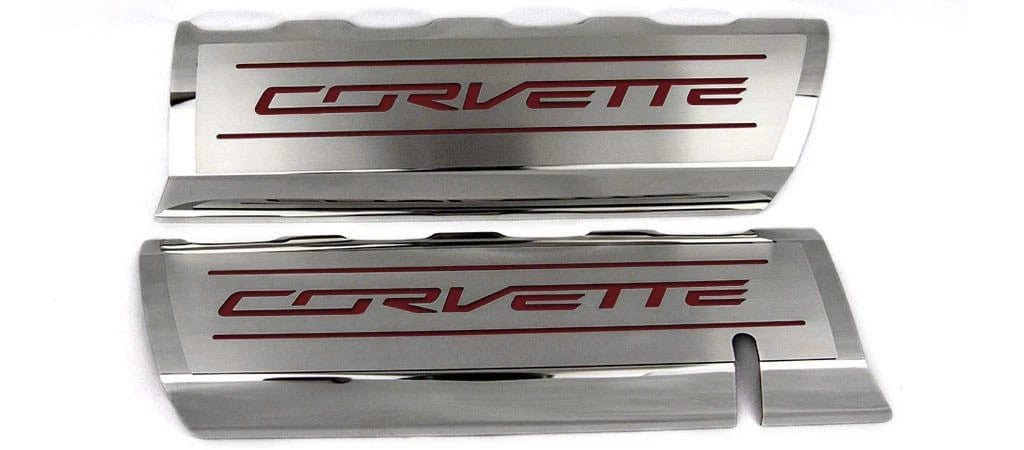 Fuel Rail Covers w/Garnet Red Solid Vinyl "CORVETTE" Inlay for 2014-19 Corvette