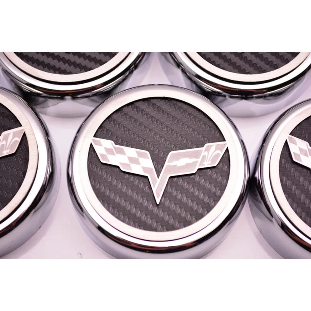 Chrome Cap Covers with Red Carbon Fiber Flags Inlay for 2005-2013 Corvette
