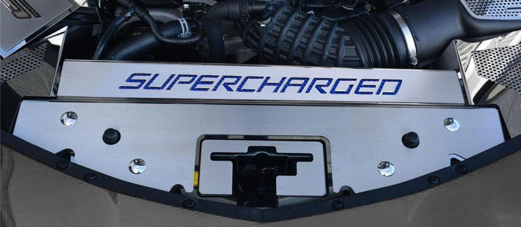 Brushed Front Header Plate w/Blue CF Vinyl "SUPERCHARGED" Inlay for 16-20 Camaro