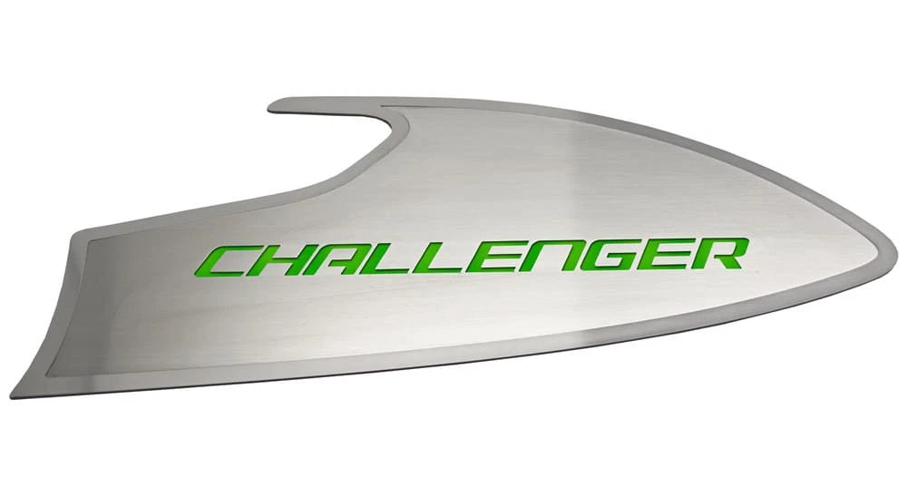 2pc Door Badges w/Synergy Green "Challenger" Inlay for 2015-23 Dodge Challenger