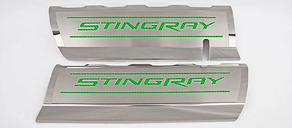 Fuel Rail Covers w/Green Carbon Fiber Vinyl "STINGRAY" Inlay for 14-19 Corvette