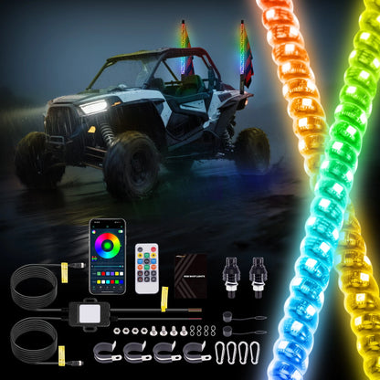 2x 2FT Spiral LED Fat Whip Light Antenna RGB Chasing for Can-Am X3 RZR (2017–2024)