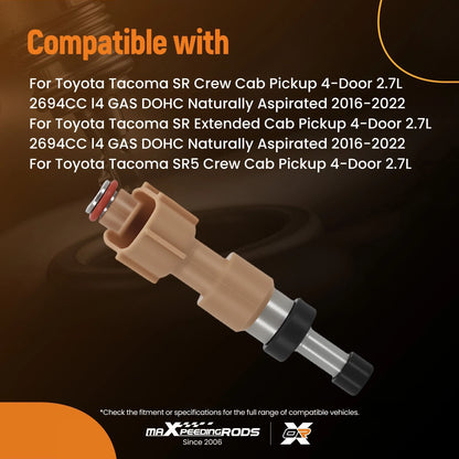 4x Fuel Injectors for Toyota Tacoma (2016–2022) 2.7L DOHC