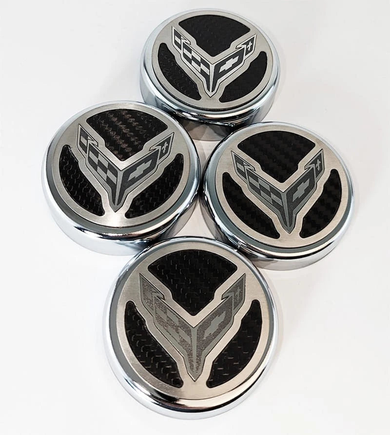 Carbon Fiber Cap Cover Set w/Cross Flag for 2020-2022 Chevy Corvette C8 Coupe