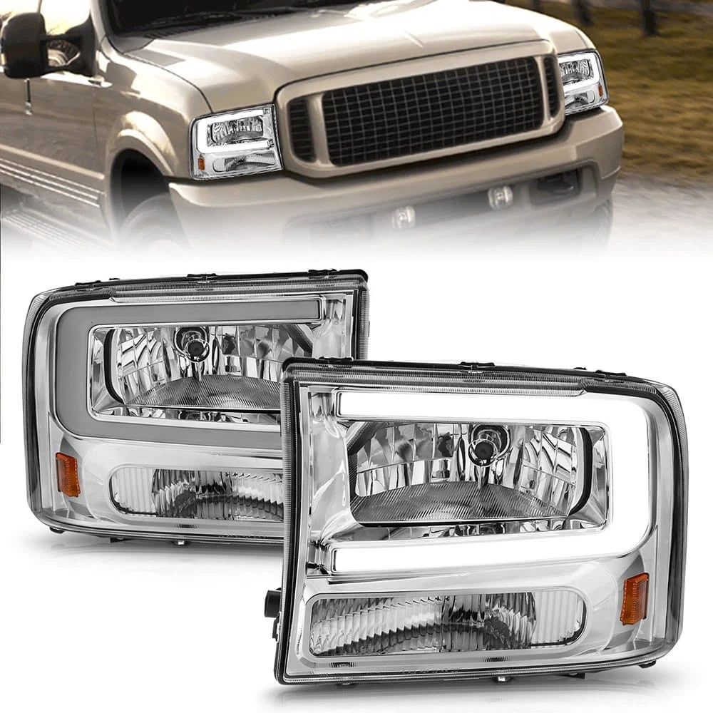 Chrome Clear Lens Headlight Set w/Light Bar for 99-04 Ford F-250 SD w/Halogen