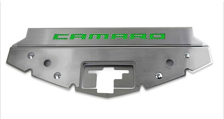 Brushed Front Header Plate w/Green C-Fiber Vinyl "CAMARO" Inlay for 16-20 Camaro