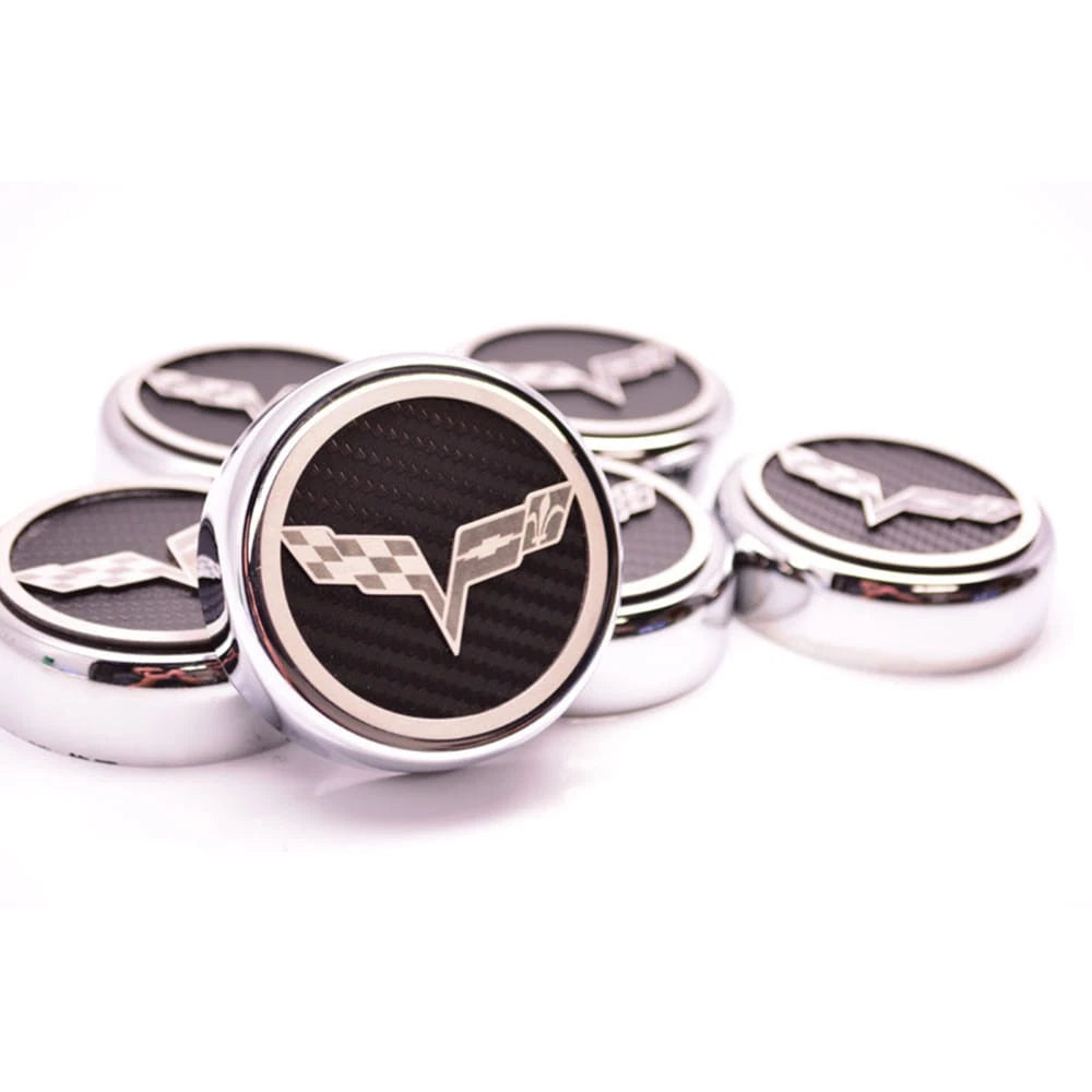 Chrome Cap Covers w/Orange Carbon Fiber Flags Inlay for 2005-13 Corvette Manual