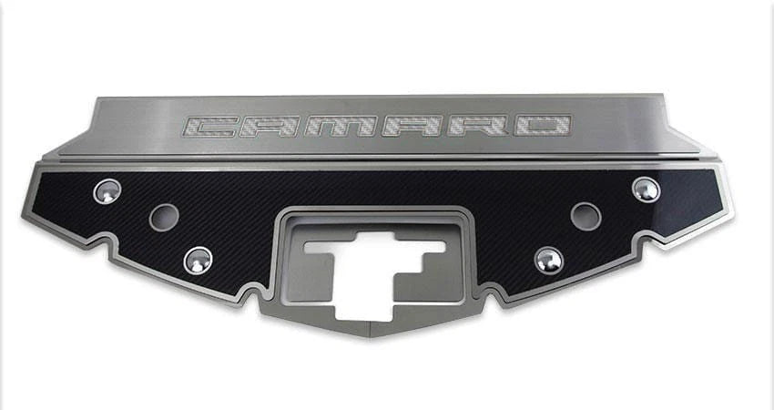 Carbon Fiber Front Header Plate w/White CF Vinyl "CAMARO" Inlay for 16-20 Camaro