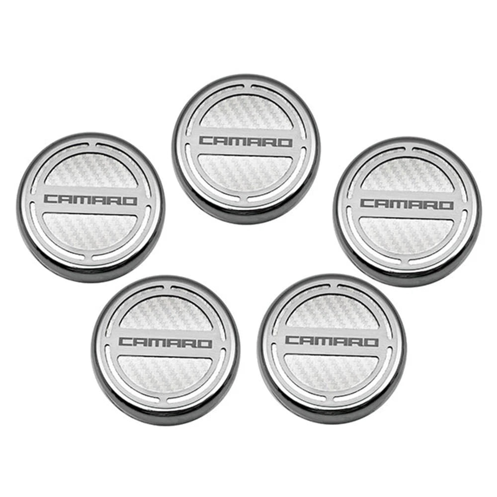 Chrome Cap Covers w/Yellow C-Fiber Inlay&'Camaro' for 10-15 Camaro V8 Automatic