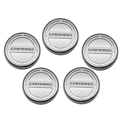 Chrome Cap Covers w/Yellow C-Fiber Inlay&'Camaro' for 10-15 Camaro V8 Automatic