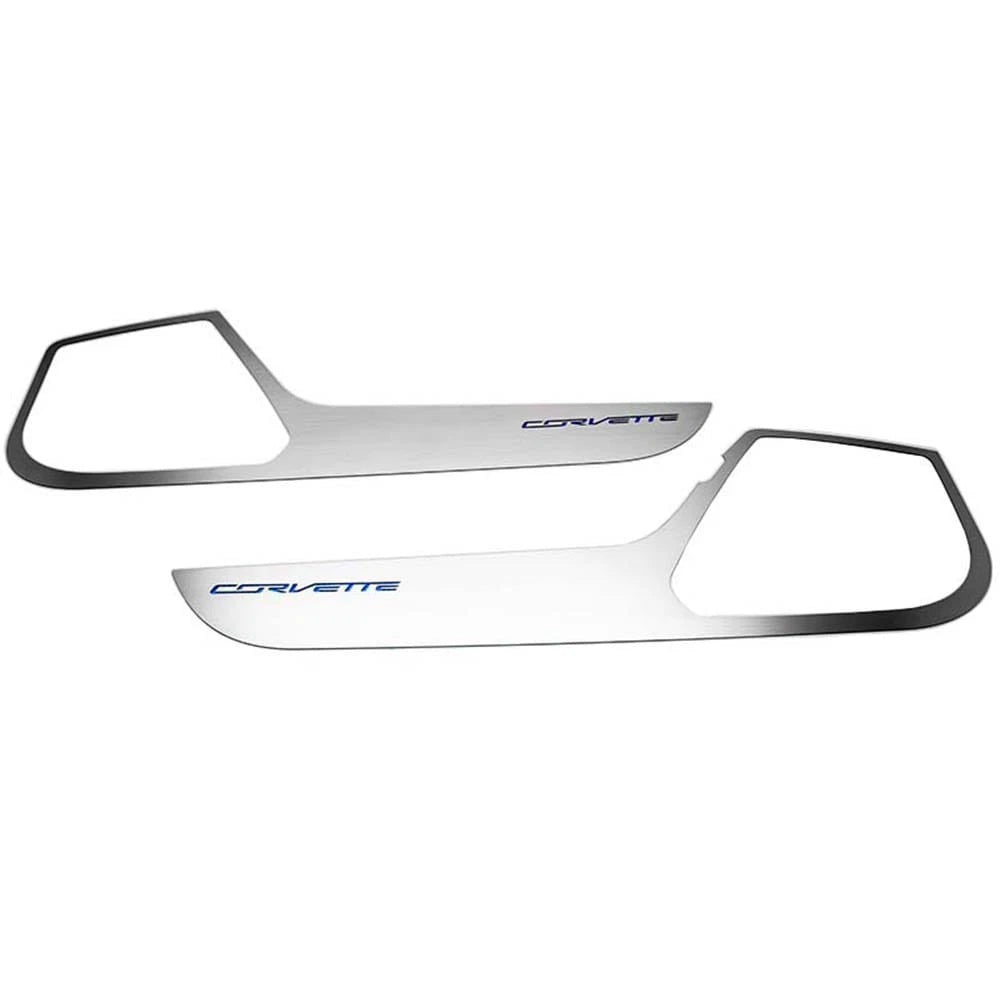 Brushed Door Guards w/Orange C-Fiber Vinyl "Corvette" Inlay for 2014-19 Corvette