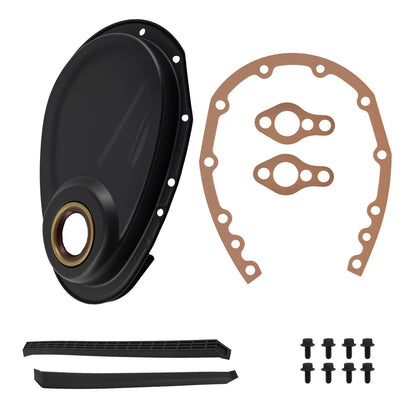 Black Steel Timing Chain Cover Set for Chevy Small Block (1958–1986)
