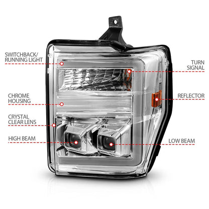 Chrome Clear Lens Headlights w Switchback Left Right for Ford F-250 (2008–2010)