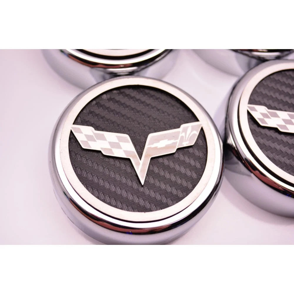 Chrome Cap Covers w Red Carbon Fiber Flags Inlay for 2005–2013 Corvette