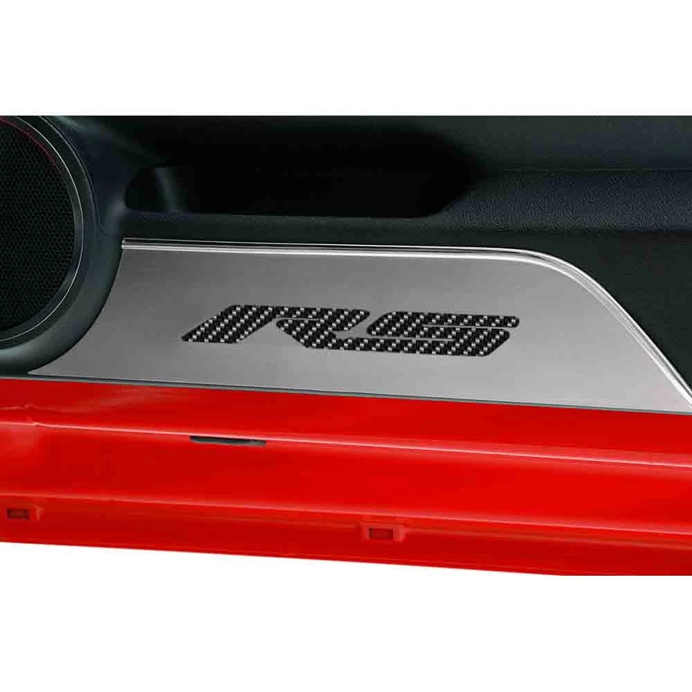 Stainless Door Panel Kick Plates w/Green C-Fiber Vinyl RS Inlay for 10-15 Camaro