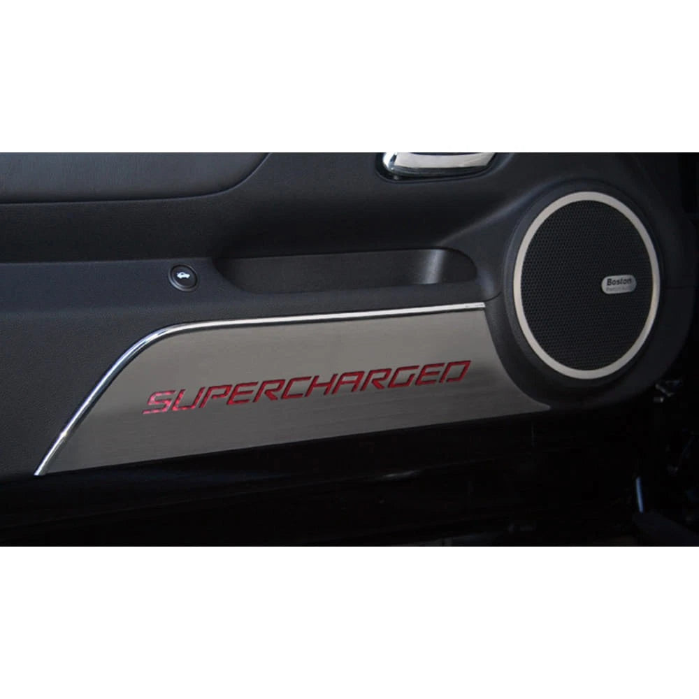 Door Panel Kick Plates w/Black Brushed 'Supercharged' Inlay for 2010-2015 Camaro