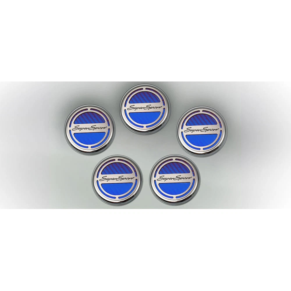 Chrome Cap Covers w/Blue CF Inlay&'Super Sport' for 2010-15 Camaro V8 Automatic