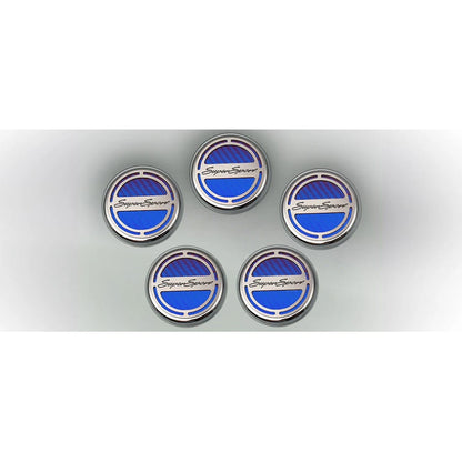 Chrome Cap Covers w/Blue CF Inlay&'Super Sport' for 2010-15 Camaro V8 Automatic