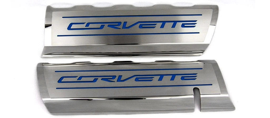 Fuel Rail Covers w/Dark Blue Solid Vinyl "CORVETTE" Inlay for 2014-2019 Corvette