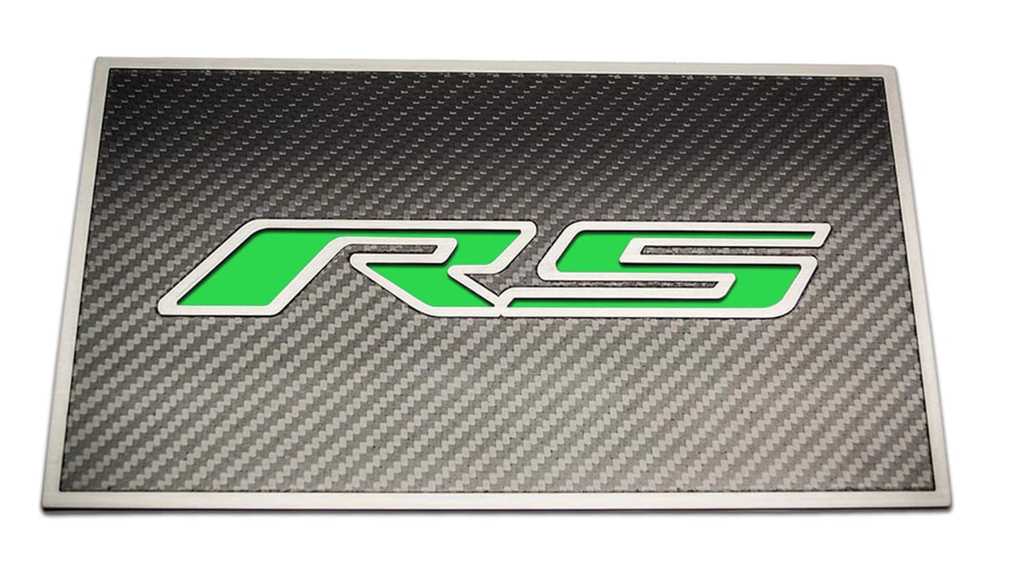 Carbon Fiber Fuse Box Cover Plate w/Synergy Green "RS" Inlay for 16-19 Camaro RS